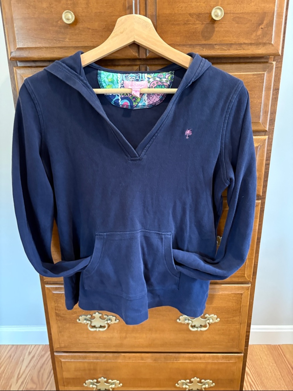 Lilly Pulitzer Navy Hoodie with Pink Palm Embroidery